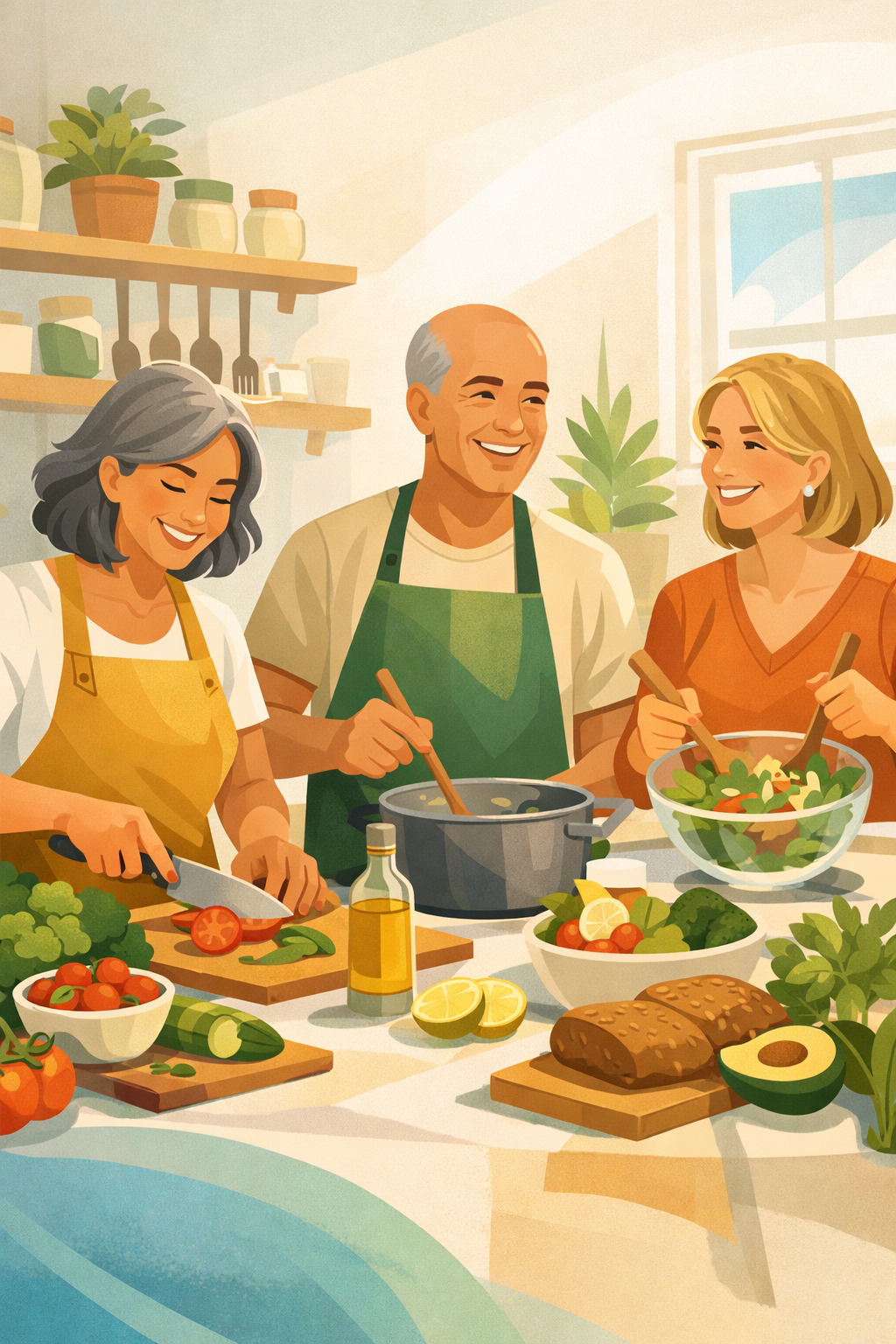 Personas cocinando y disfrutando de una comida saludable